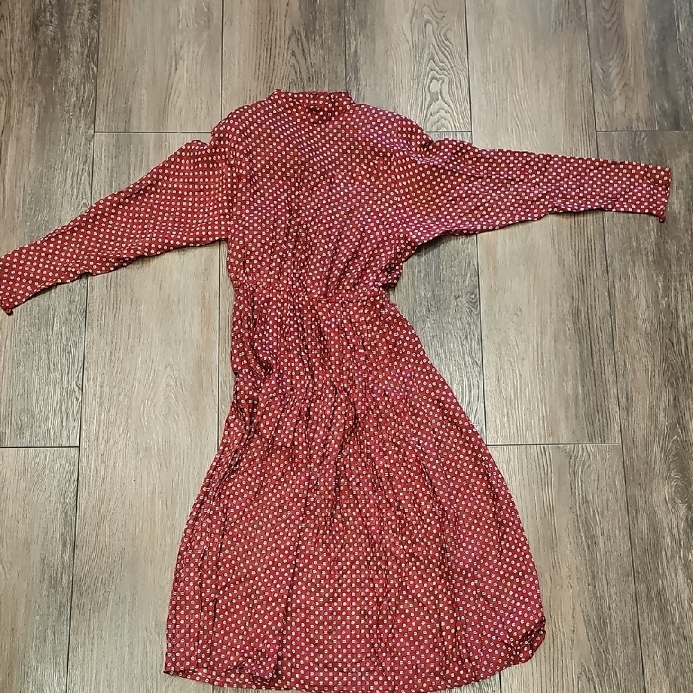 Maggy London, Red, Polka Dot, Long Sleeve, Dress, Vintage, Silk, Midi, Casual